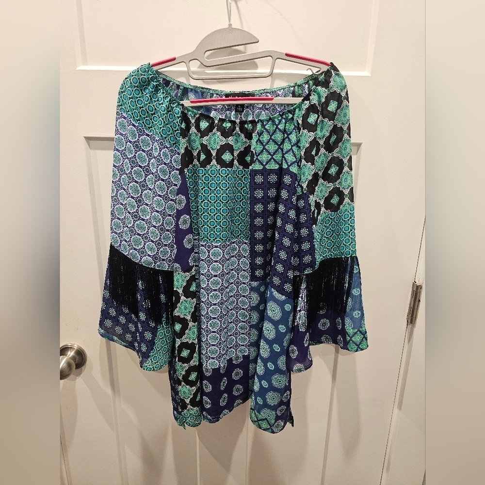 N Touch Boho Patchwork Peasant Blouse Top Fringe Bell Sleeve Women’s Large
